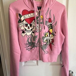 Ed Hardy Pink Zip-Up Hoodie with Skull and Heart Design Brand New With Tags